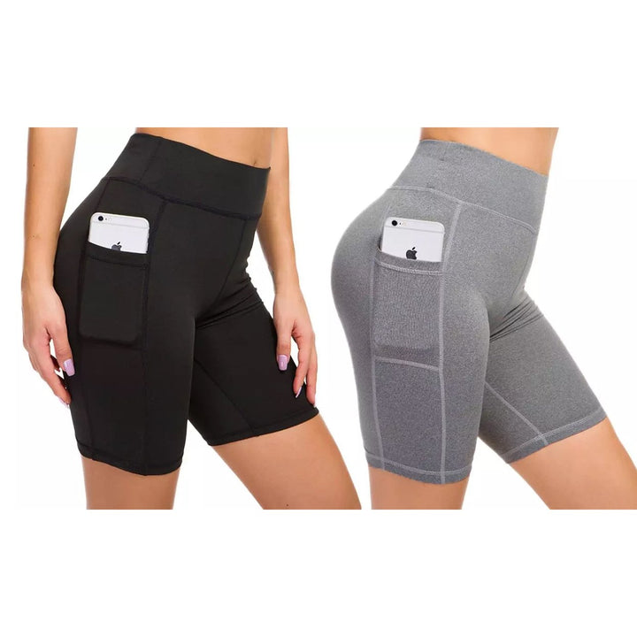 2-Pack: Women High Waist Workout Yoga Side Pocket Compression Cycling Shorts Image 4