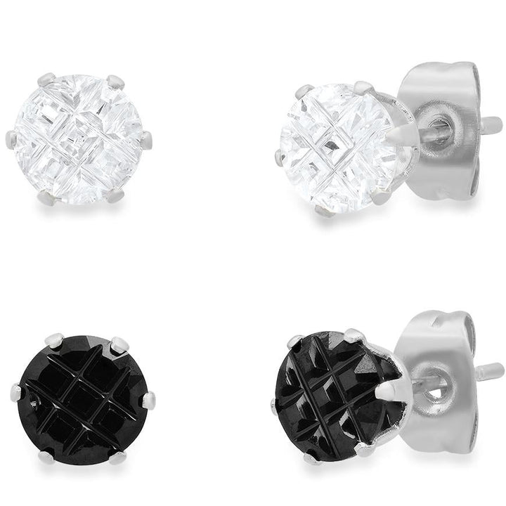 2-Pair: Stainless Steel Cubic Zirconia Diamond Cut Stud Earrings Set Image 1