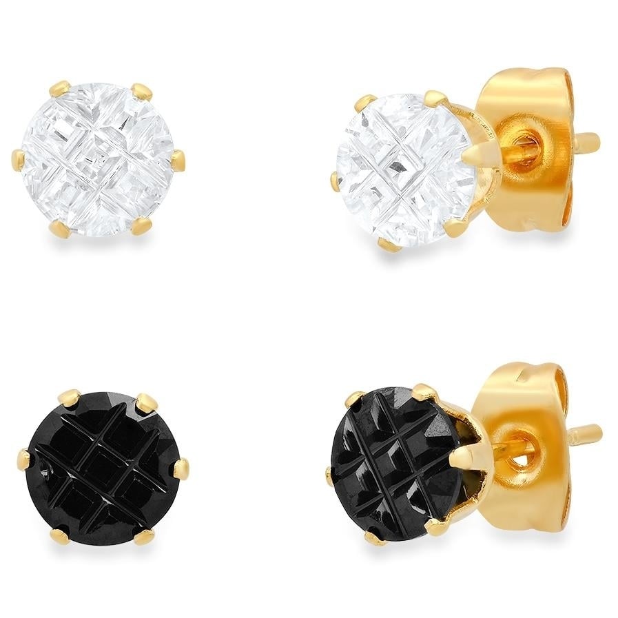 2-Pair: Stainless Steel Cubic Zirconia Diamond Cut Stud Earrings Set Image 2