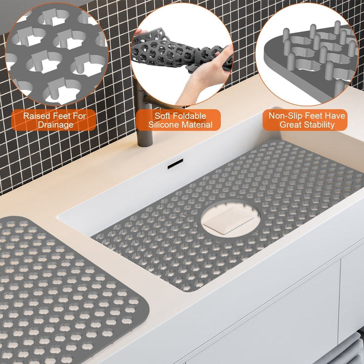 2-Piece: Silicon Grid Sink Mat with Central Drain Hole Image 7