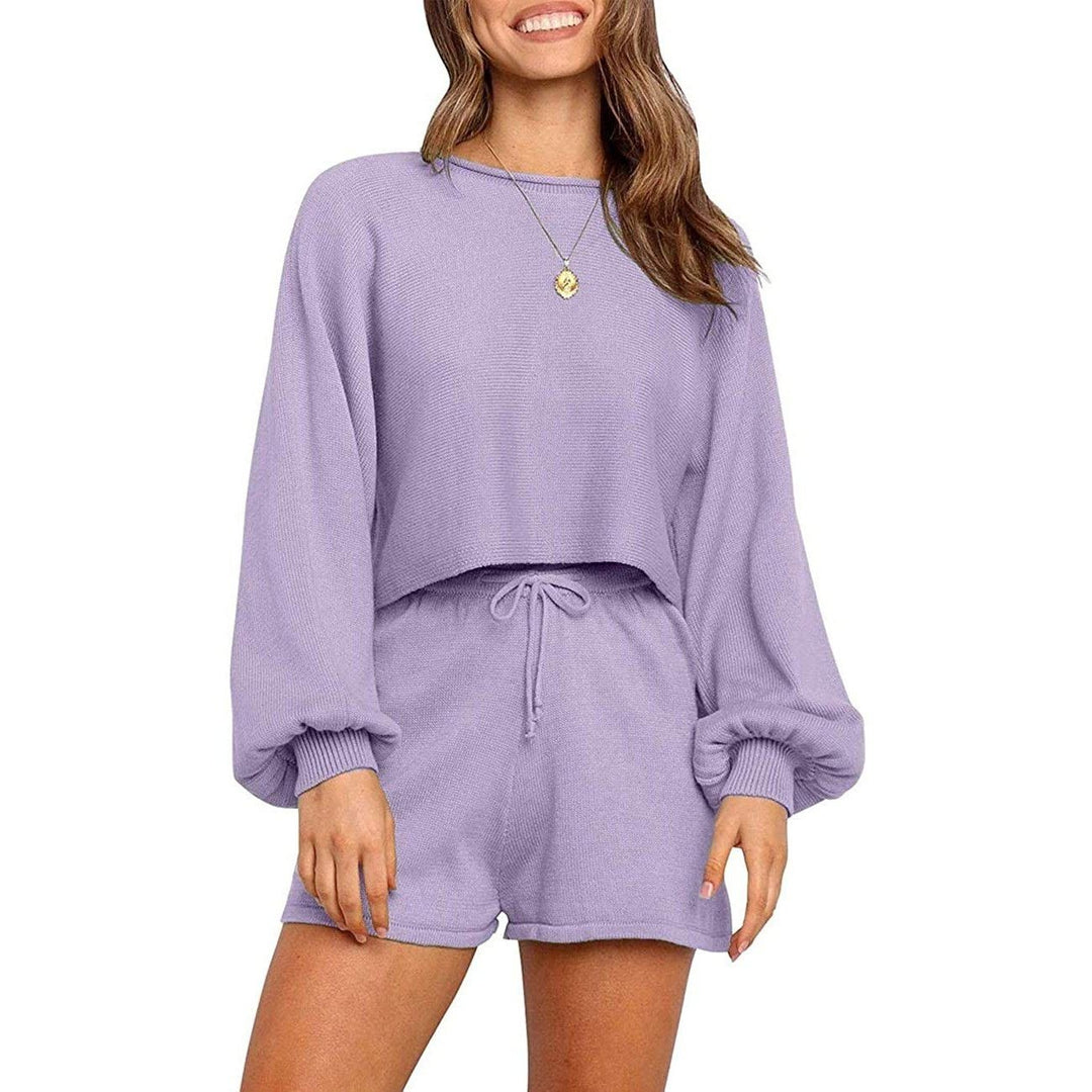 2-Piece: Knit Outfits Puff Sleeve Crop Top Shorts Set Sweater Sweatsuit Image 1