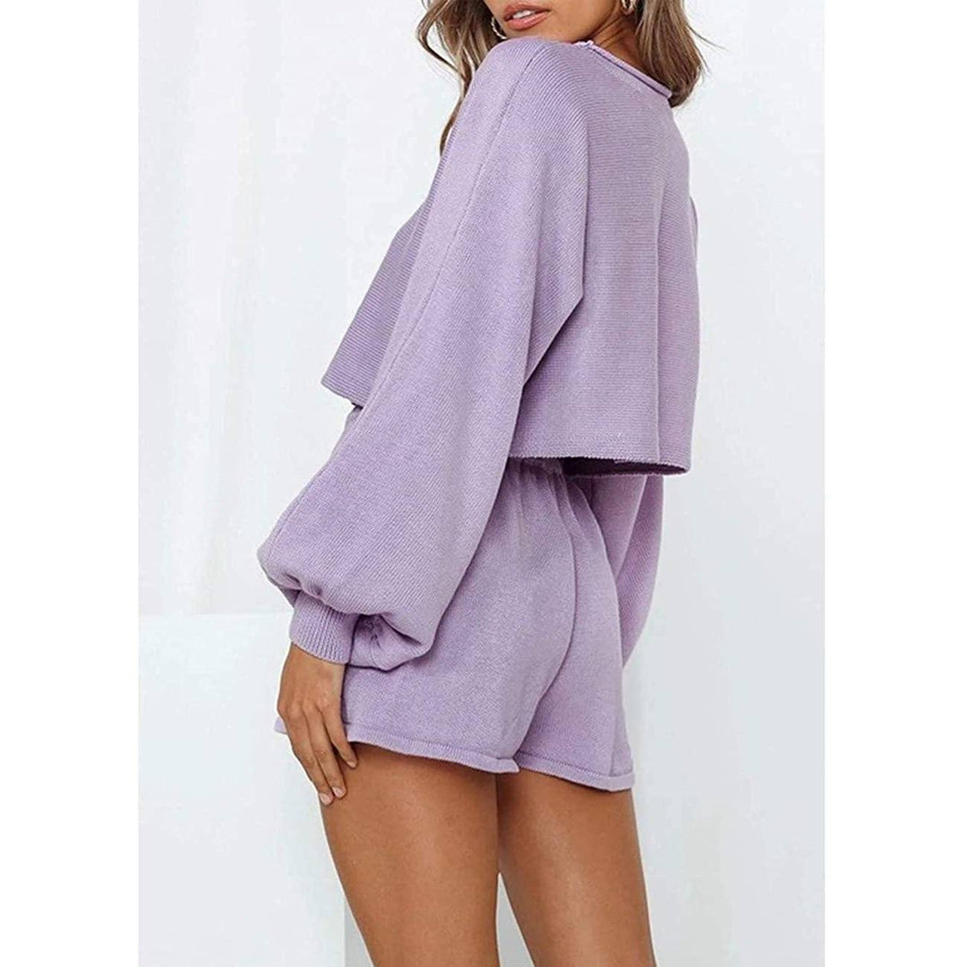 2-Piece: Knit Outfits Puff Sleeve Crop Top Shorts Set Sweater Sweatsuit Image 3