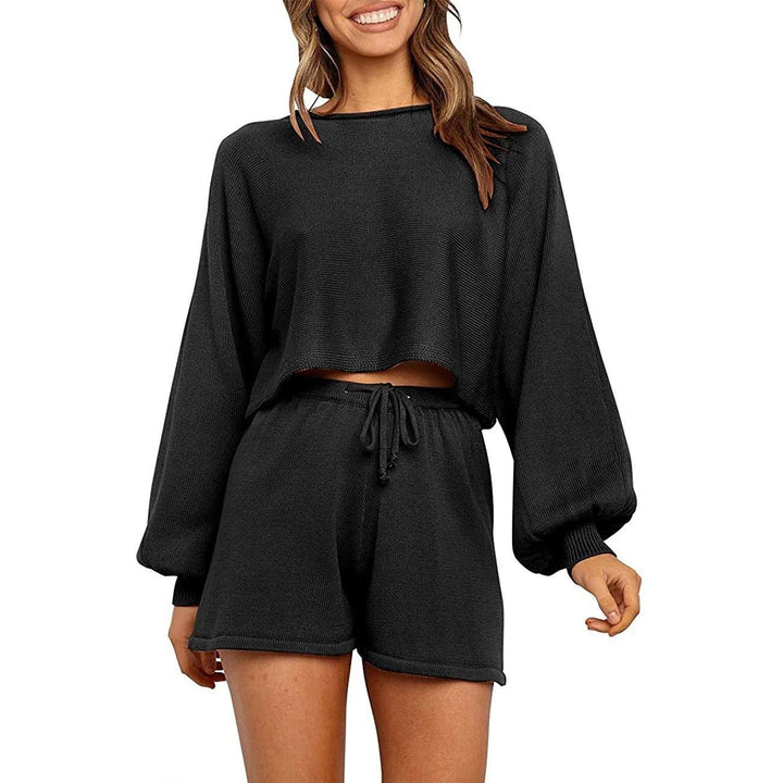 2-Piece: Knit Outfits Puff Sleeve Crop Top Shorts Set Sweater Sweatsuit Image 1