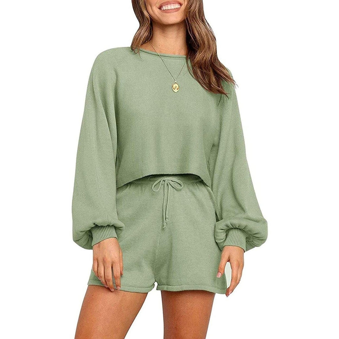 2-Piece: Knit Outfits Puff Sleeve Crop Top Shorts Set Sweater Sweatsuit Image 7