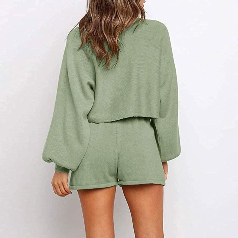 2-Piece: Knit Outfits Puff Sleeve Crop Top Shorts Set Sweater Sweatsuit Image 9