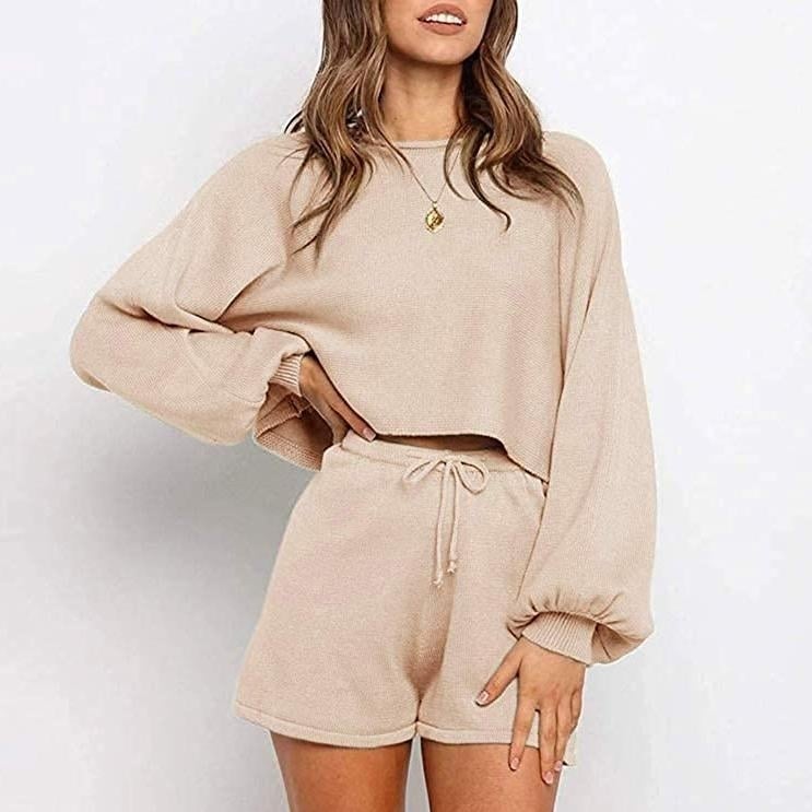 2-Piece: Knit Outfits Puff Sleeve Crop Top Shorts Set Sweater Sweatsuit Image 11