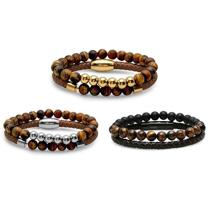 2-Piece: Mens Leather Braided Bracelet Beaded with Tiger Eye Image 1