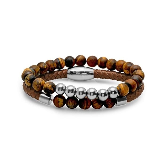 2-Piece: Mens Leather Braided Bracelet Beaded with Tiger Eye Image 2