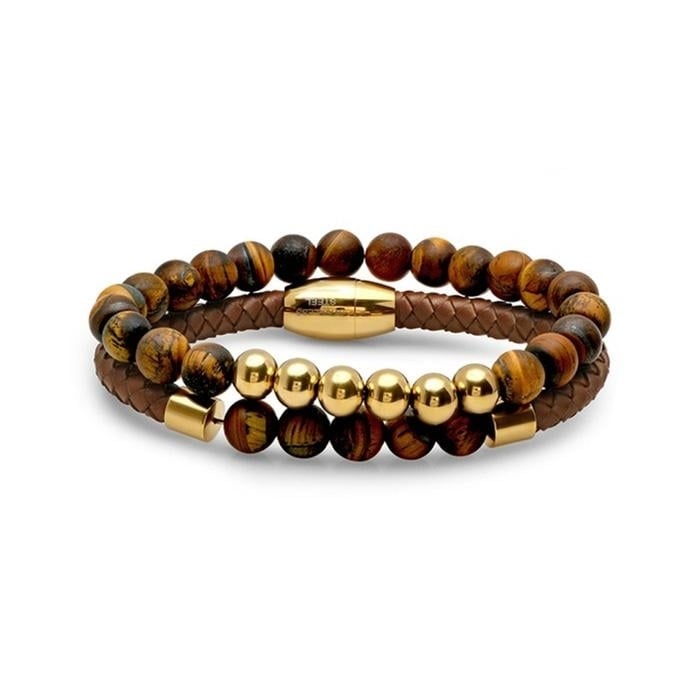 2-Piece: Mens Leather Braided Bracelet Beaded with Tiger Eye Image 3