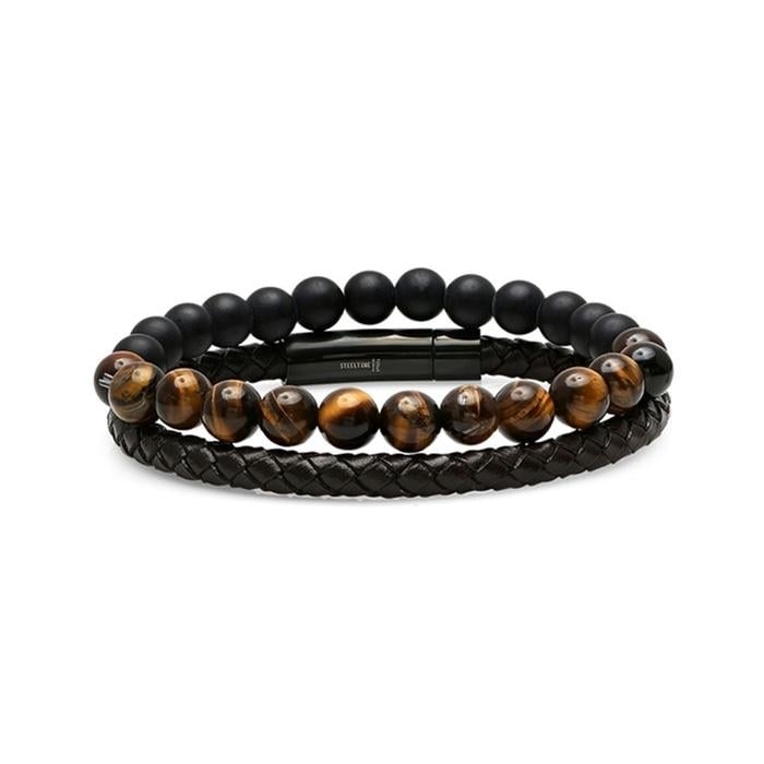 2-Piece: Mens Leather Braided Bracelet Beaded with Tiger Eye Image 4