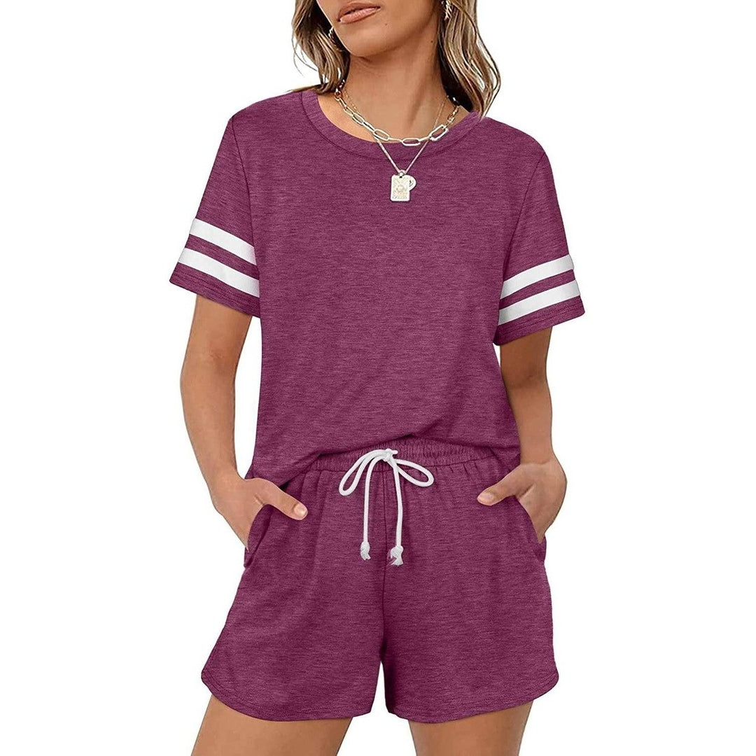 2-Piece: Loungewear for Women Short Sleeve Sweatsuit Sets Crewneck Loose Fit Outfits Image 3