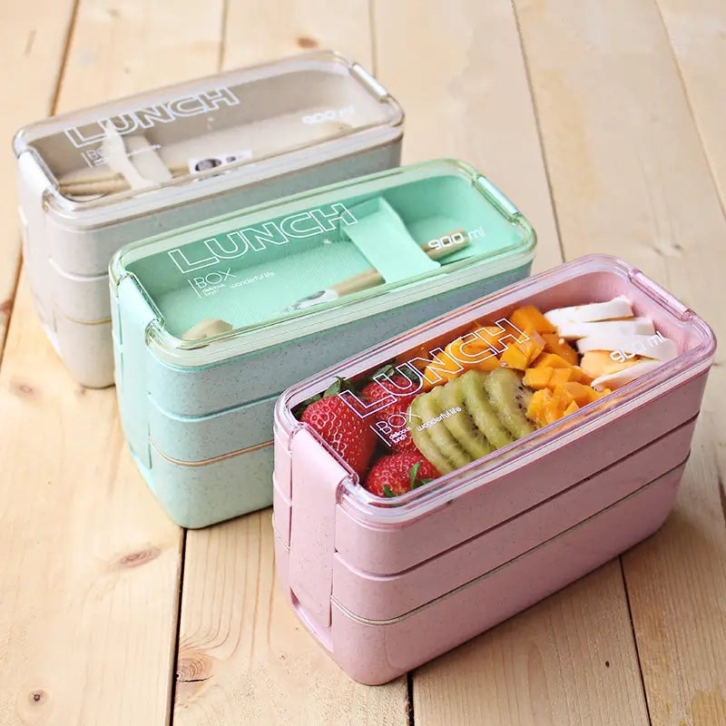 3-Layer Stackable Bento Box Japanese Lunch Box Kit with Spoon and Fork Image 1