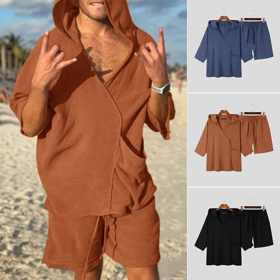 2-Piece Set: Mens Hooded Tracksuit Tennis Shirt Shorts and T Shirt Set Plain Image 1