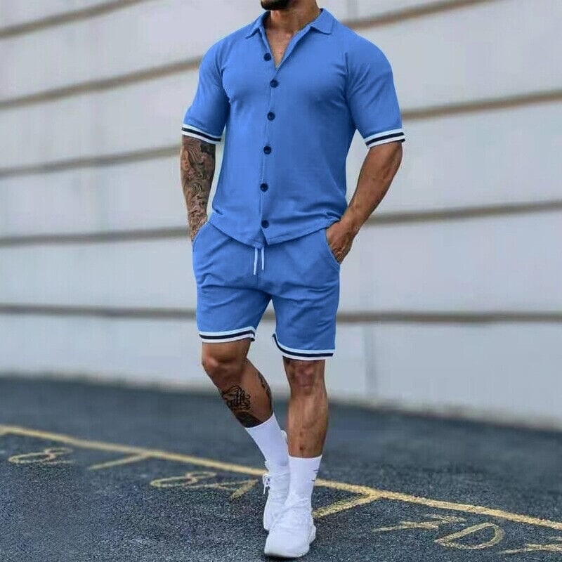 2-Piece Set: Mens Short Sleeve Plain Stripes Lapel Image 1