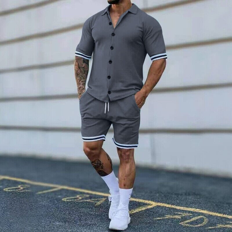 2-Piece Set: Mens Short Sleeve Plain Stripes Lapel Image 2