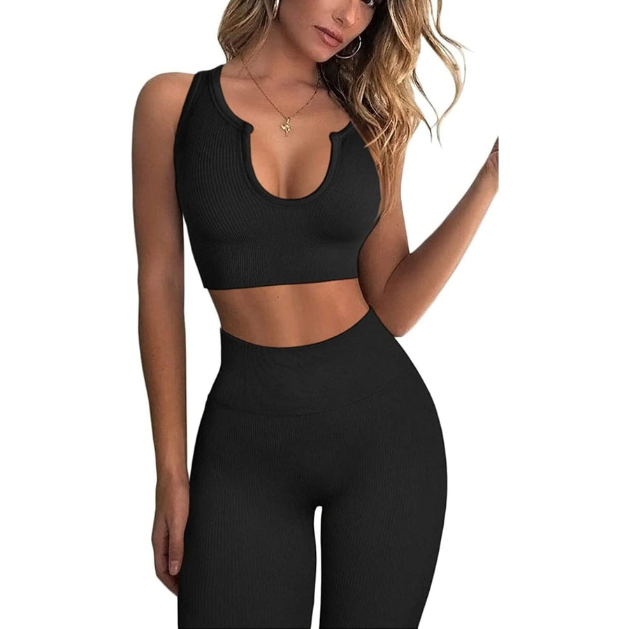 2-Piece Set: Ribbed Seamless Crop Tank High Waist Yoga Leggings Image 1