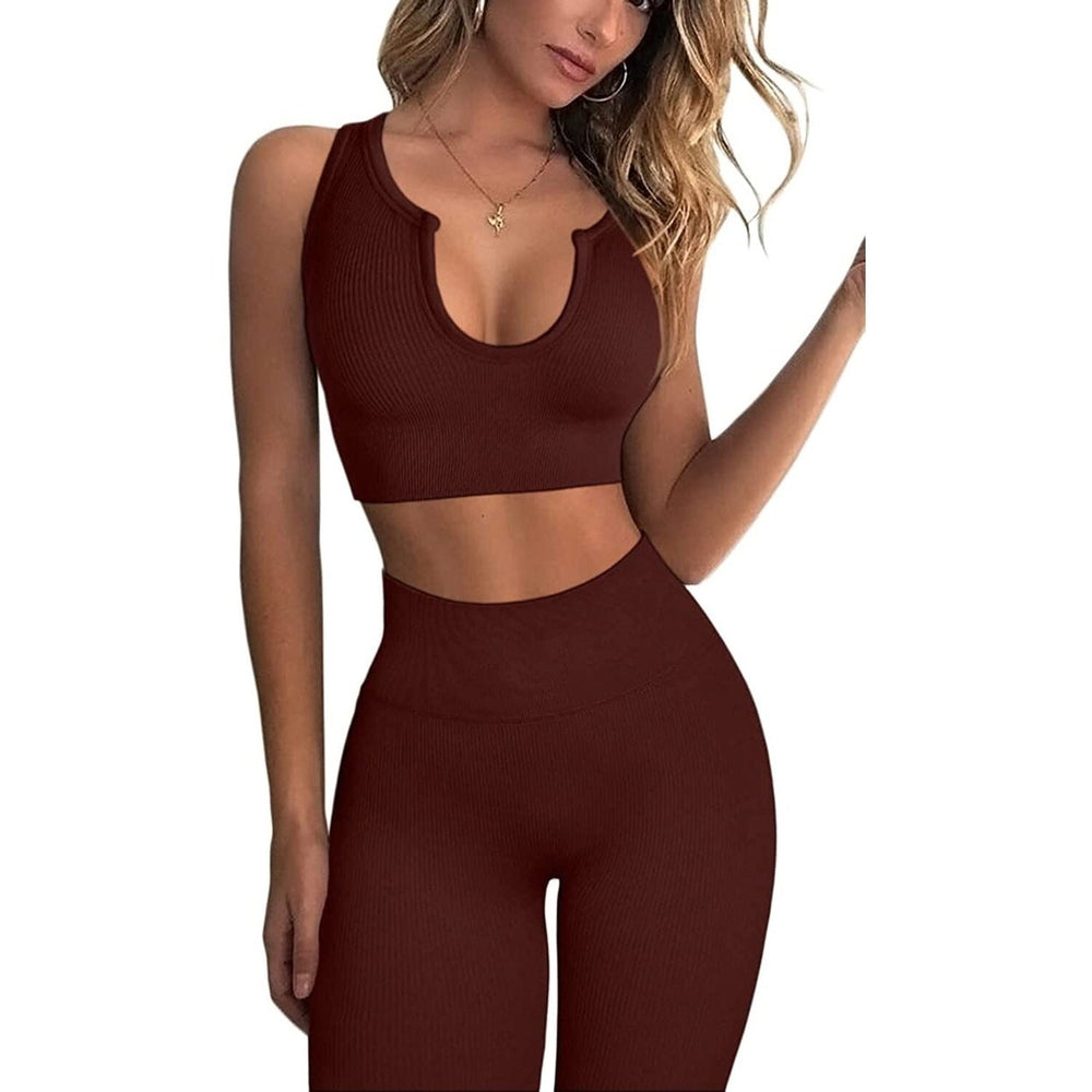 2-Piece Set: Ribbed Seamless Crop Tank High Waist Yoga Leggings Image 2