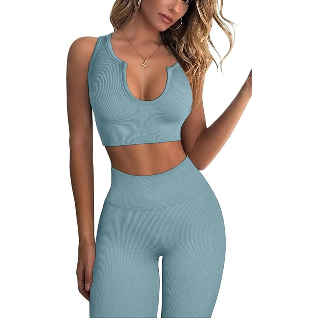 2-Piece Set: Ribbed Seamless Crop Tank High Waist Yoga Leggings Image 3