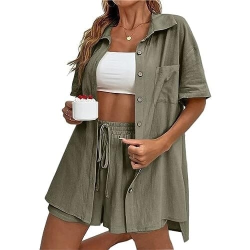 2-Piece Set: Tracksuit Outfit Sets Cotton Linen Shirt and High Waisted Mini Shorts Set Image 2