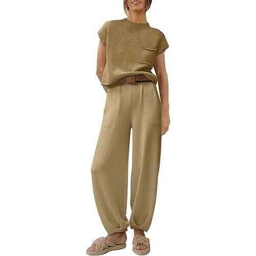 2-Piece Set: Womens Knit Pullover Tops and High Waisted Pants Tracksuit Lounge Sets Image 2