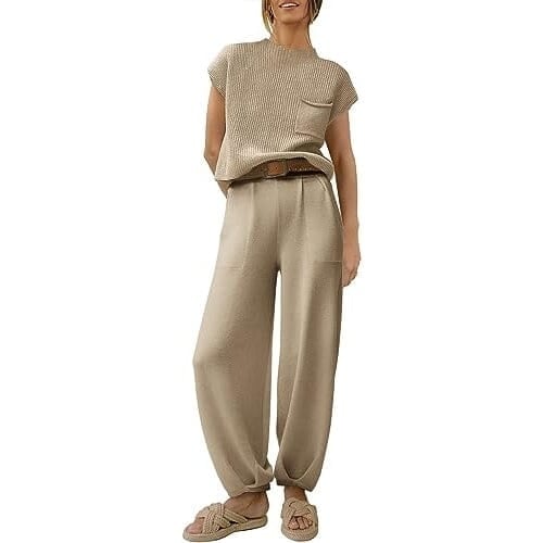 2-Piece Set: Womens Knit Pullover Tops and High Waisted Pants Tracksuit Lounge Sets Image 3