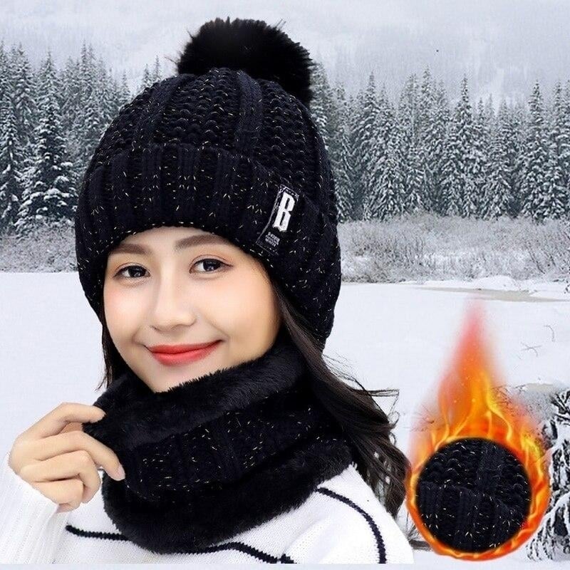 2-Piece Set: Womens Knitted Hat Scarf Caps Neck Warmer Winter Hat Image 1