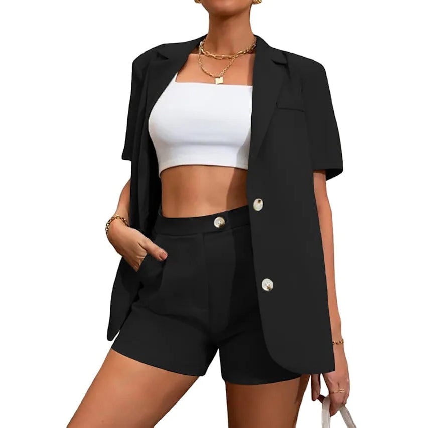 2-Piece Set: Womens Solid Color Blazer Shorts Image 2