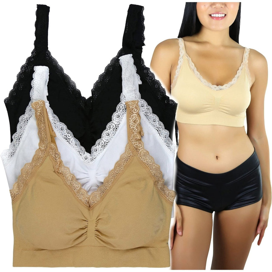 3-Pack: ToBeInStyle Womens Classic Adjustable U-Back Lace Trim Bralette Image 1