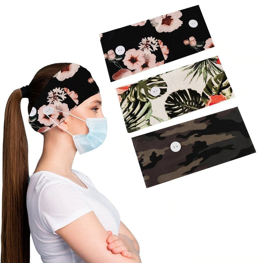 3-Pack: Womens Comfy Stretchy Headband With Buttons For Face Masks and Covers Image 1