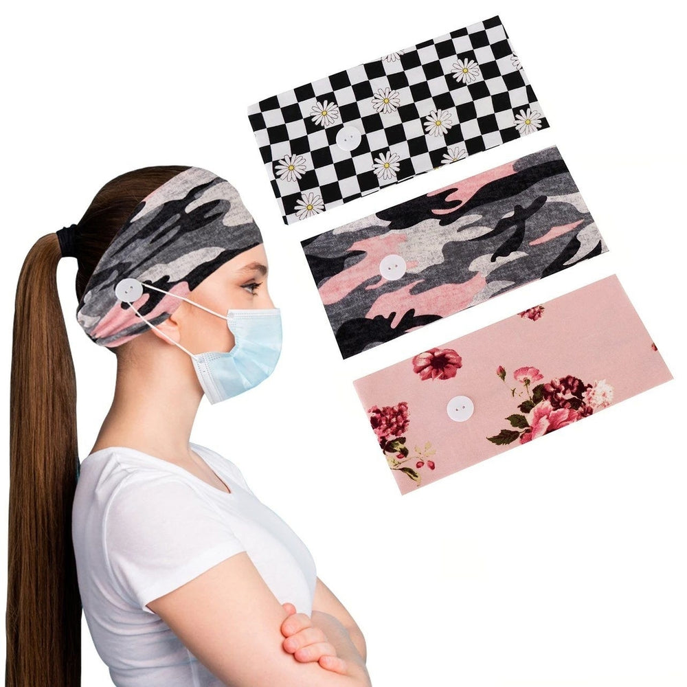 3-Pack: Womens Comfy Stretchy Headband With Buttons For Face Masks and Covers Image 2