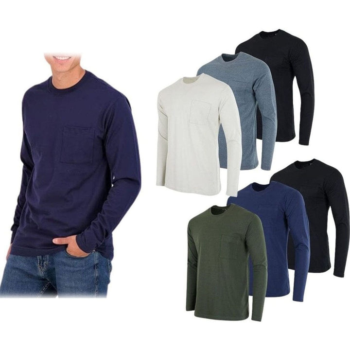 3-Pack: Mens Cotton Long Sleeve T-Shirt with Chest Pocket Image 1