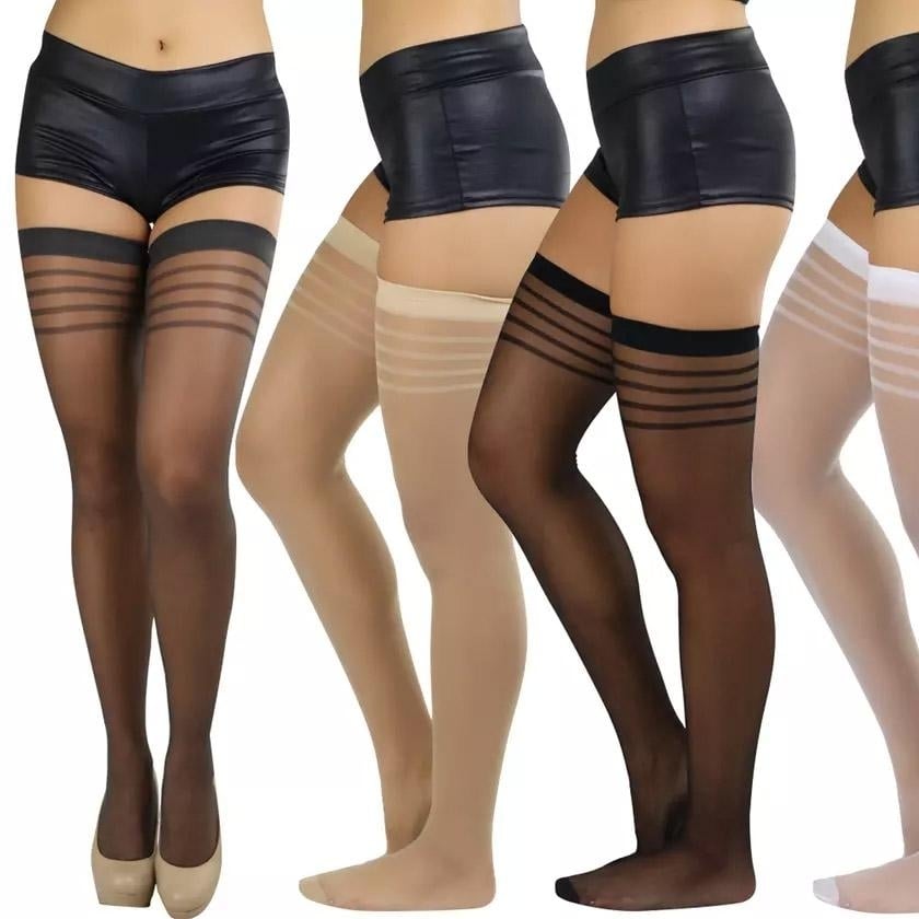 6-Pack: Womens Striped Top Classic Thigh High Stockings Image 1