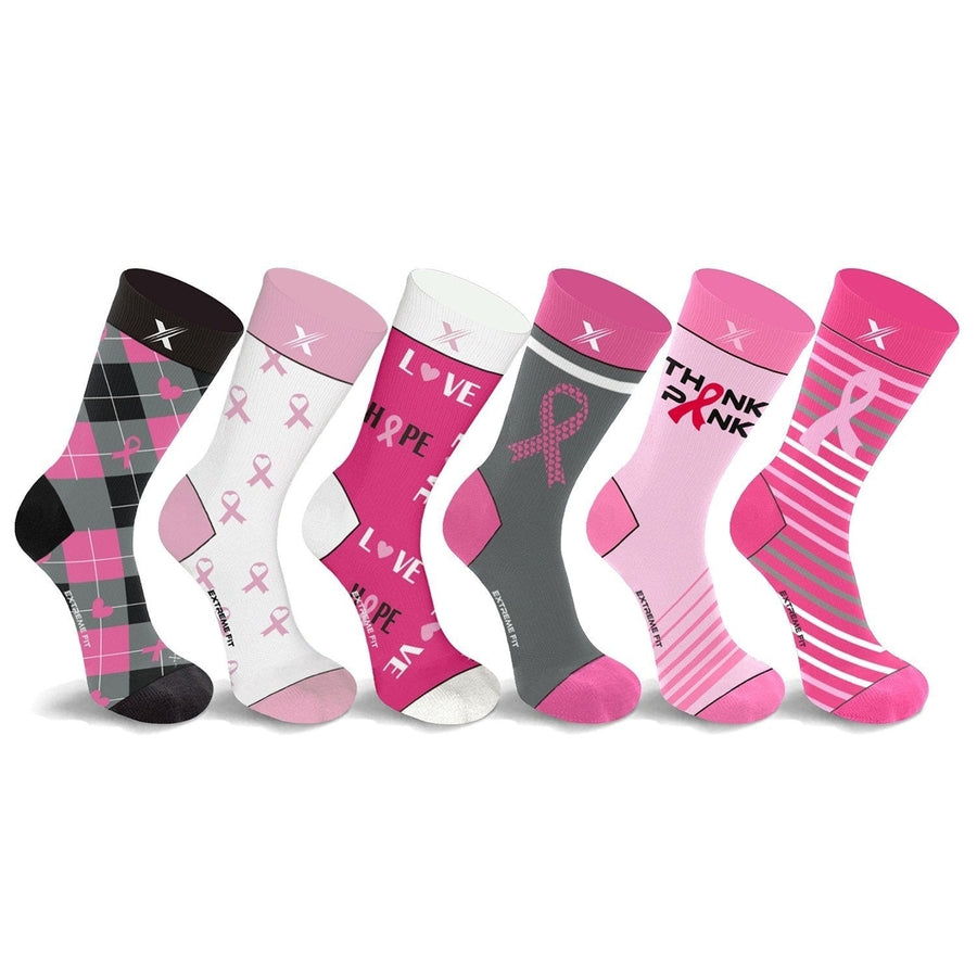 6-Pairs: Breast Cancer Awareness Crew Length Everyday Wear Compression Socks Image 1