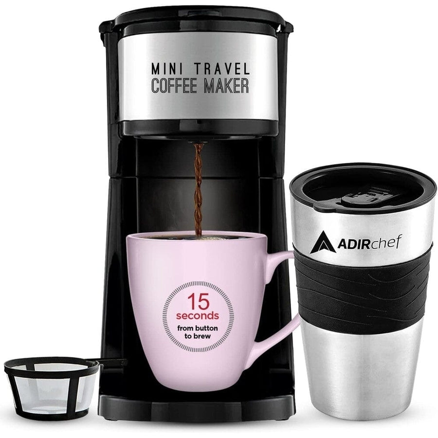 AdirChef Mini Travel Single Serve Coffee Maker and 15 oz. Travel Mug Coffee Tumbler and Reusable Filter Image 1