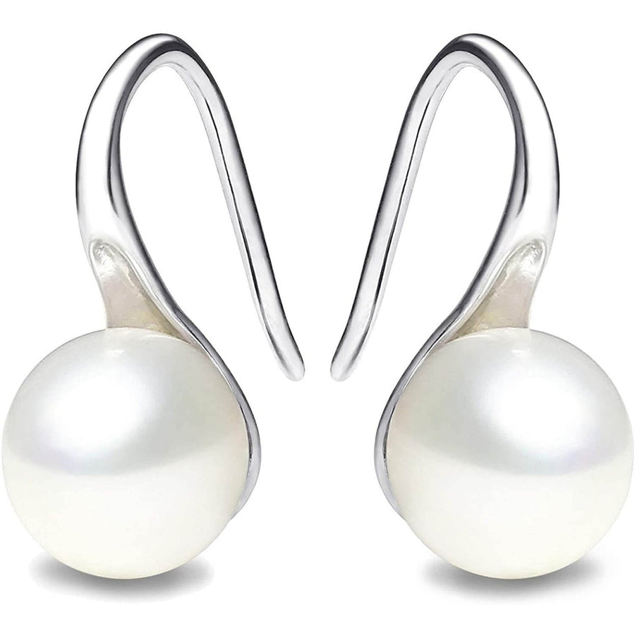 925 Sterling Silver 7.5-8mm White Freshwater Cultured Pearl Dangle Drop Earrings Image 1