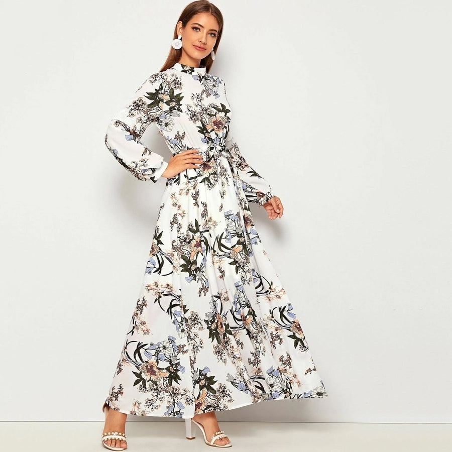 Allover Floral Print Self Tie Swing Maxi Dress Image 1