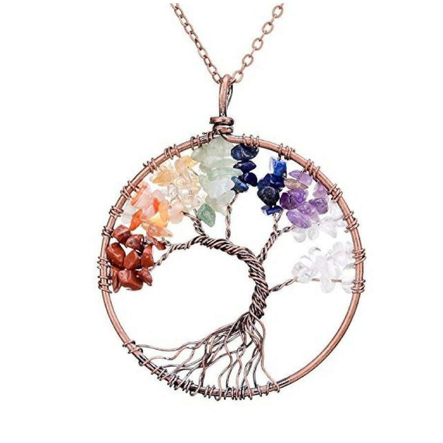 Handmade Genuine Gemstone Chakra Tree of Life Pendant Necklace Image 1