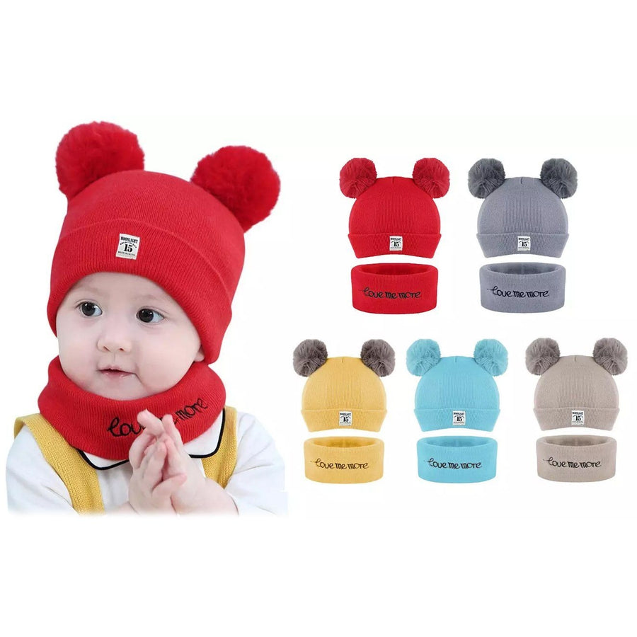 Infant Baby Winter Warm Knit Bobble Beanie Hat with Scarf Set Image 1