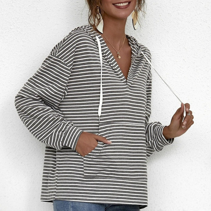 Kangaroo Pocket Striped Drawstring Hoodie Image 12