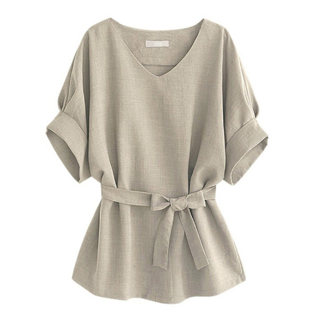 Linen-Blend Loose-Cut Casual Short Sleeve Top with Belt Image 4