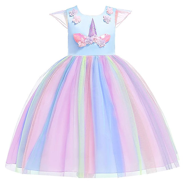 Little Girls Dress Unicorn Rainbow Patchwork Colorful Tulle Dress Image 1