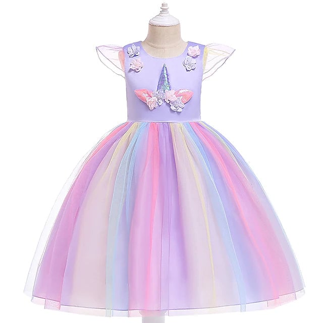 Little Girls Dress Unicorn Rainbow Patchwork Colorful Tulle Dress Image 2