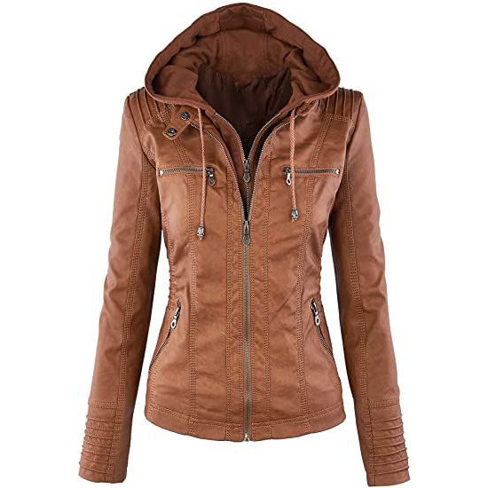 Lock and Love Womens Removable Hooded Faux Leather Jacket Image 2