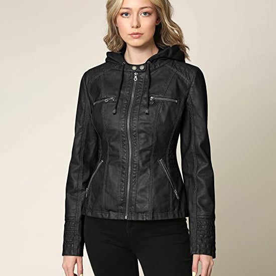 Lock and Love Womens Removable Hooded Faux Leather Jacket Image 6