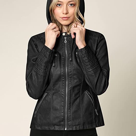 Lock and Love Womens Removable Hooded Faux Leather Jacket Image 7