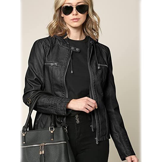 Lock and Love Womens Removable Hooded Faux Leather Jacket Image 8