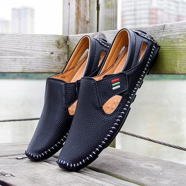 Men Casual Shoes Slip on Hollow Leather Men Shoes Image 2