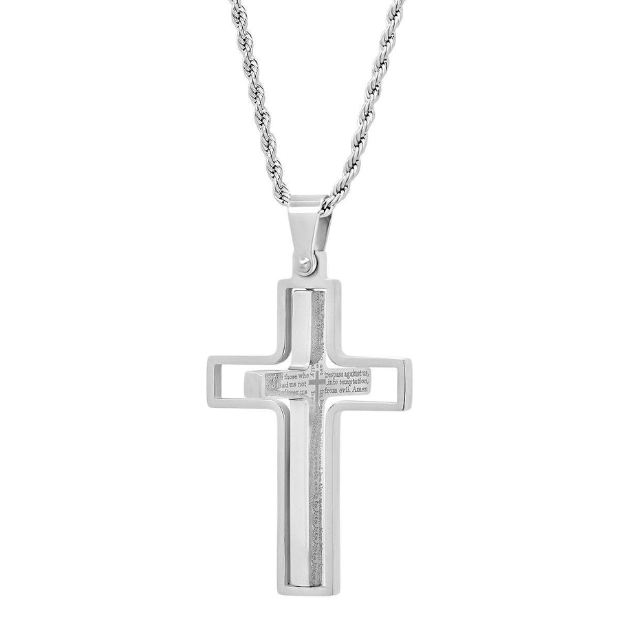 Men Stainless Steel Our Father English Prayer Rotating Cross Pendant Image 1