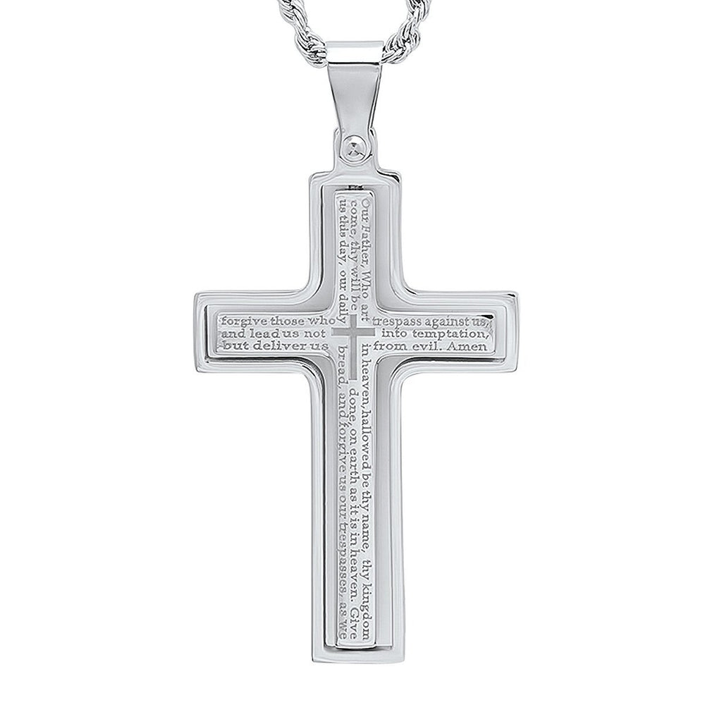 Men Stainless Steel Our Father English Prayer Rotating Cross Pendant Image 2