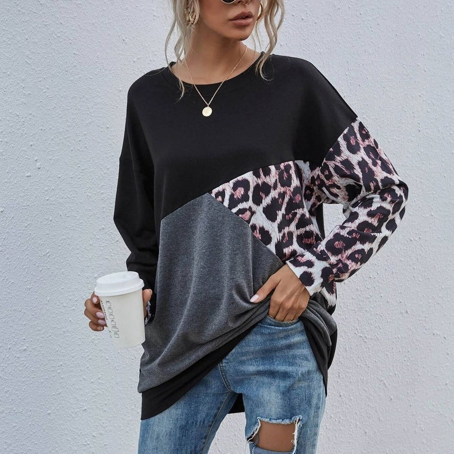 Leopard Print Colorblock Drop Shoulder Sweatshirt Image 1